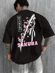 Men’s Casual Japanese Katana & Cherry Blossom Graphic Tee – Loose Fit Summer Fashion