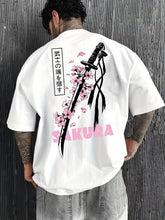 Men’s Casual Japanese Katana & Cherry Blossom Graphic Tee – Loose Fit Summer Fashion