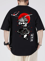 Men's Cotton Samurai & Cherry Blossom Graphic T-Shirt – Breathable Casual Summer Tee