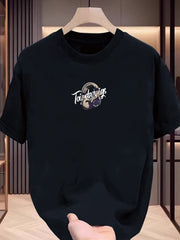 Men'S Cotton Short Sleeve T-Shirt with Headphones Graphic Print- Street Art Graffiti Music Design, Regular Fit Round Neck Summer Casual Tee for Commuting& Casual Attire, Streetwear Fashion, Urban Streetwear, Breathable Fabric