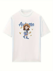 Women's White Autumn Graphic T-Shirt - Loose Fit Non-Stretch Blouse, Everyday Casual Tops for Fall & Transitional Seasons, Machine Washable Everyday Shirt, Seasonal Fashion, Round Neck Tee, Breathable Fabric, Printed Blouse,