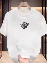 Men'S Cotton Short Sleeve T-Shirt with Headphones Graphic Print- Street Art Graffiti Music Design, Regular Fit Round Neck Summer Casual Tee for Commuting& Casual Attire, Streetwear Fashion, Urban Streetwear, Breathable Fabric