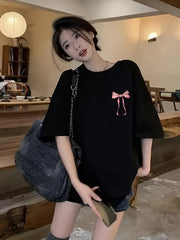 Women's Black Geometric Bow Print T-Shirt – Loose Fit Casual Top