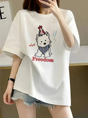 Women's 100% Cotton Casual Graphic T-Shirt - Cute Cartoon Dog & "Wow~ PROUD" Applique Print, Relaxed Fit Short Sleeve Summer Tee, Breathable & Moisture-Wicking, Machine Washable White Top for Casual Attire, Ladies T Shirts, D