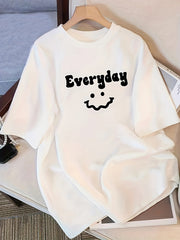 Women's Black 100% Cotton Oversized T-Shirt – 'Everyday' Joyful Face Print