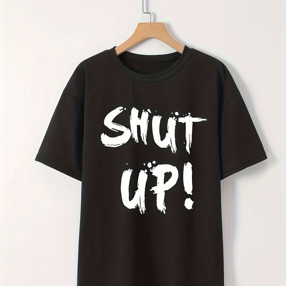 Women's Loose-Fit 'SHUT UP!' Graphic T-Shirt – Black Brushstroke Print