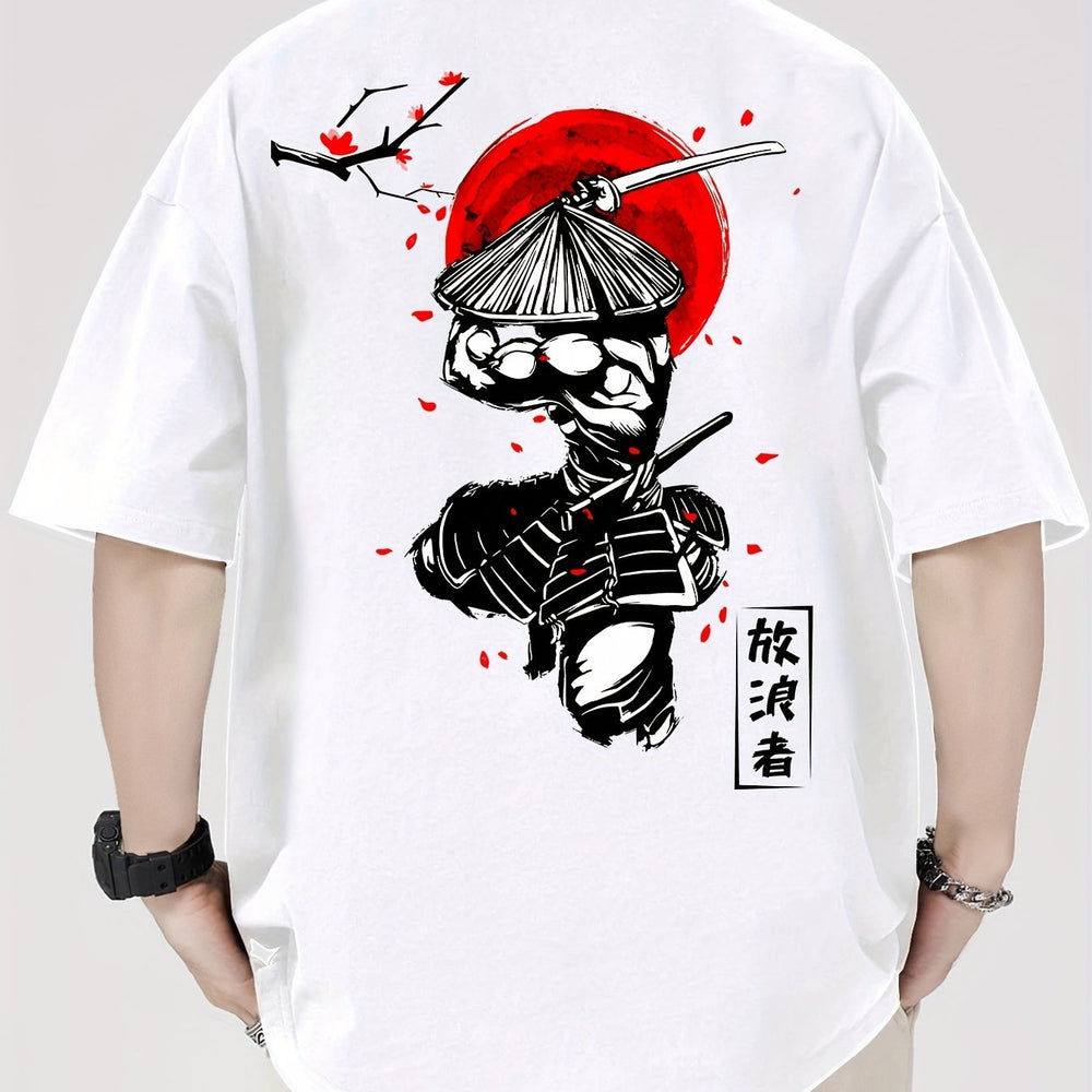 Men's Cotton Samurai & Cherry Blossom Graphic T-Shirt – Breathable Casual Summer Tee