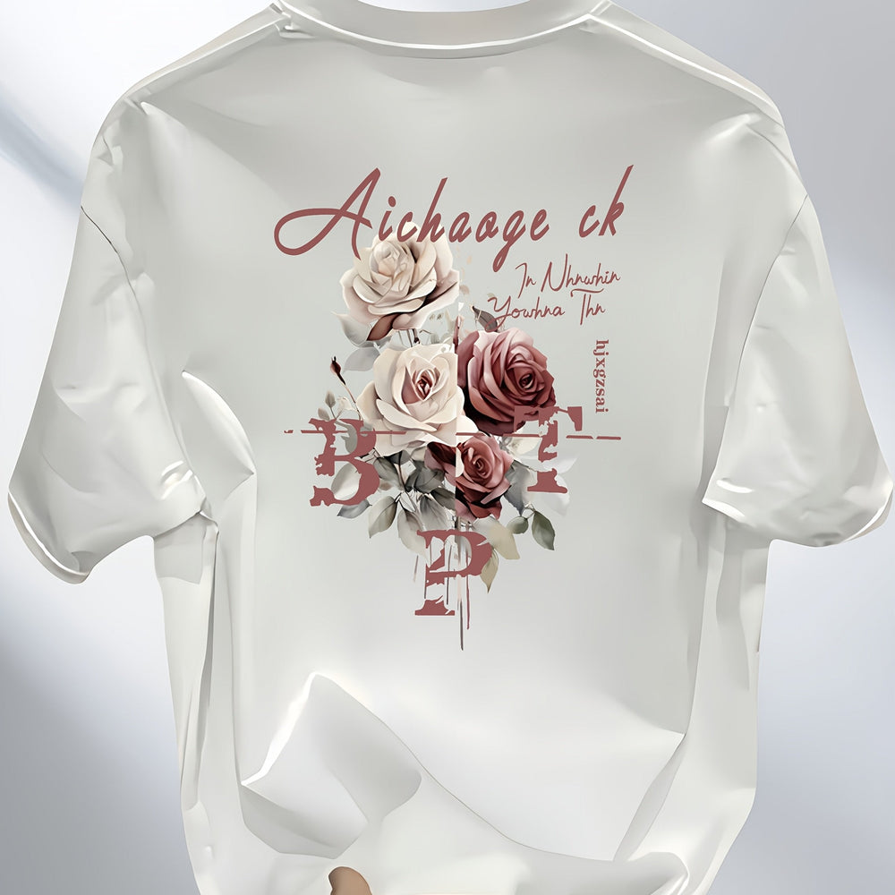 Men's Heavyweight 100% Cotton T-Shirt – Black Hip-Hop Rose & Script Print