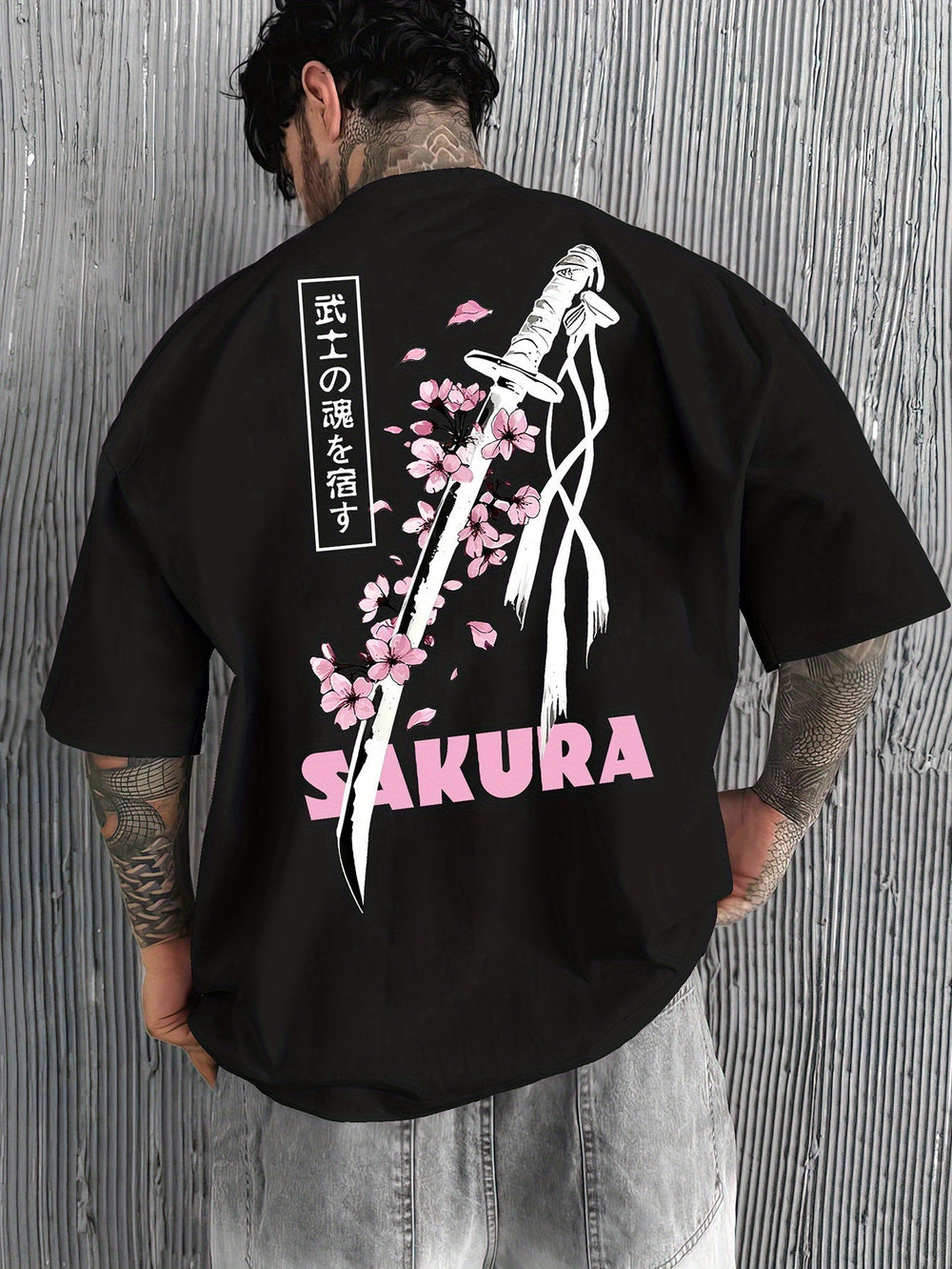 Men’s Casual Japanese Katana & Cherry Blossom Graphic Tee – Loose Fit Summer Fashion