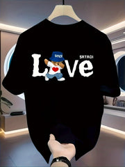 Men’s Retro Cotton T-Shirt – Black “LOVE” Bear Graphic