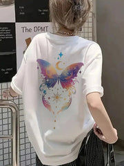 Women’s Casual Short Sleeve T-Shirt – Vibrant Butterfly & Moon Graphic Spring & Summer Everyday Wear