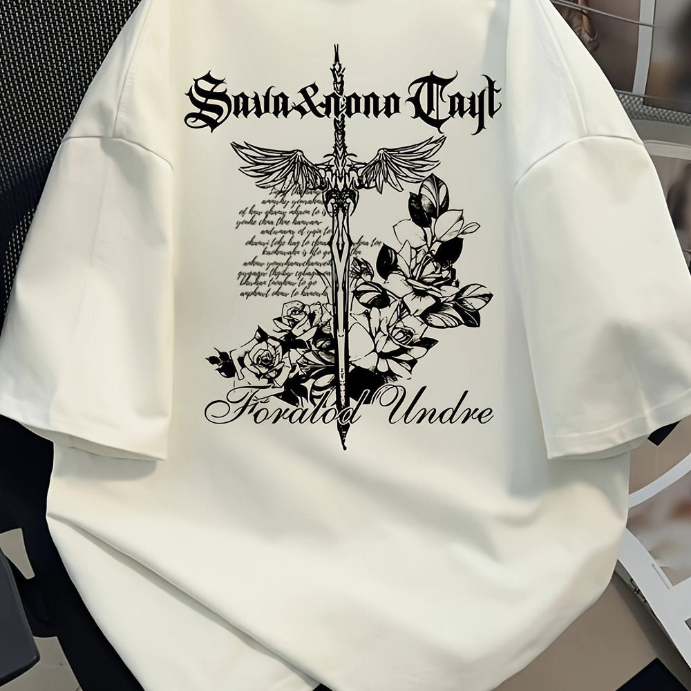 Men's Gothic Eagle T-Shirt – "Savina & Ana Troy" Graphic, Loose Fit, All-Season Comfort