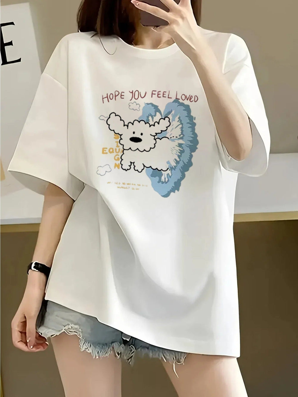 Women's Casual T-Shirt with Cute Cartoon Dog & 'Hope You Feel Loved' Print