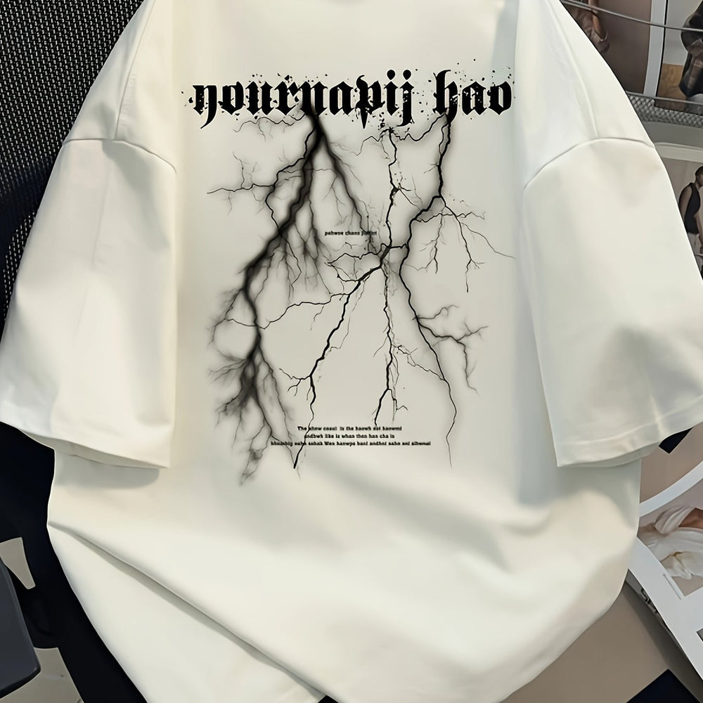 Men's Graphic Cotton Tee – Asymmetric Hem, Loose Fit Streetwear