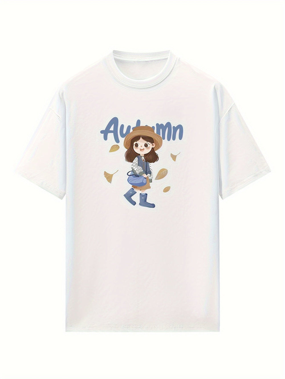 Women's White Autumn Graphic T-Shirt - Loose Fit Non-Stretch Blouse, Everyday Casual Tops for Fall & Transitional Seasons, Machine Washable Everyday Shirt, Seasonal Fashion, Round Neck Tee, Breathable Fabric, Printed Blouse,
