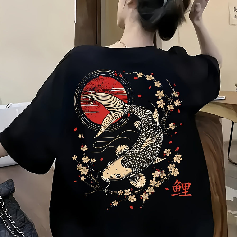 Women's Loose Fit T-Shirt – Black Koi Fish & Cherry Blossom Print