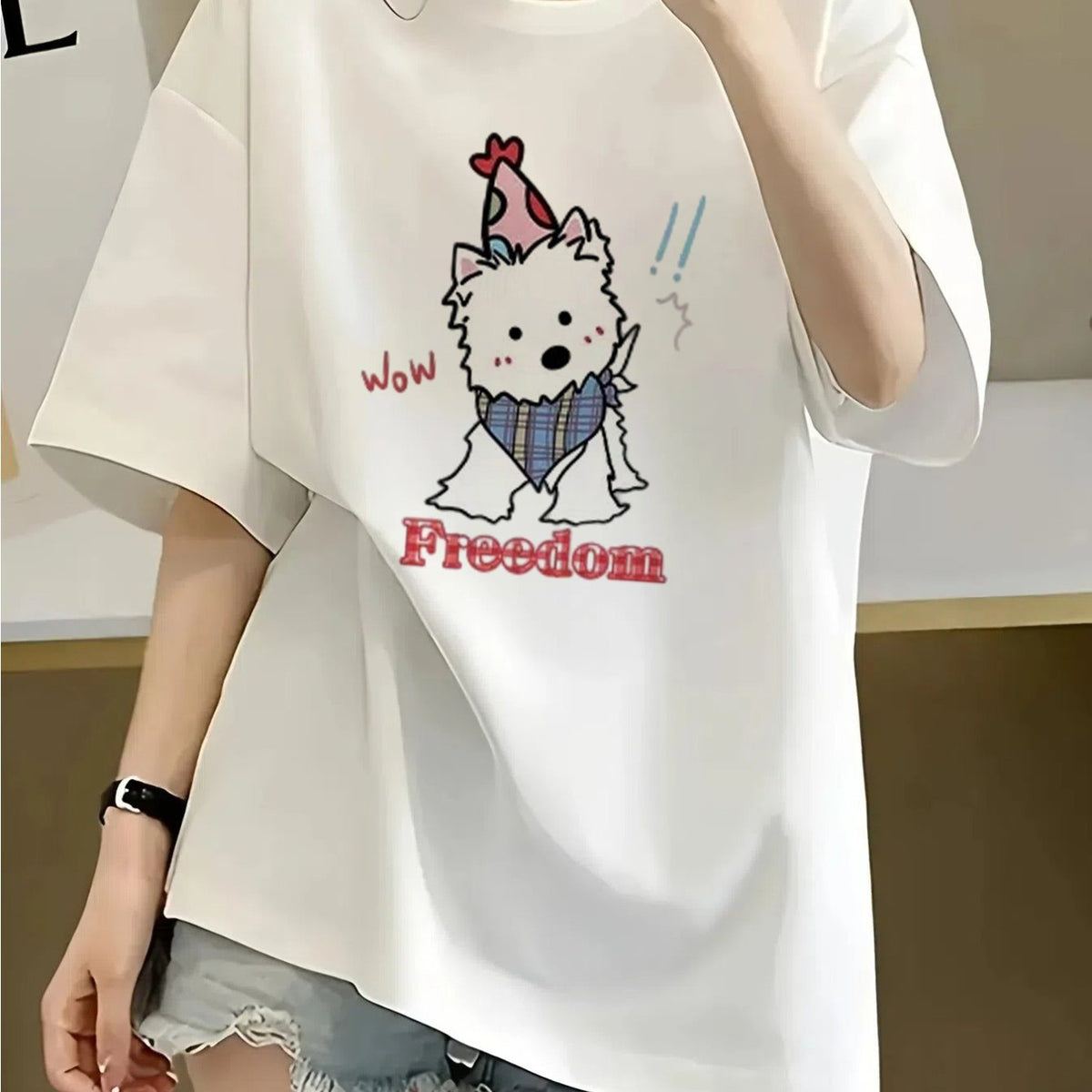 Women's 100% Cotton Casual Graphic T-Shirt - Cute Cartoon Dog & "Wow~ PROUD" Applique Print, Relaxed Fit Short Sleeve Summer Tee, Breathable & Moisture-Wicking, Machine Washable White Top for Casual Attire, Ladies T Shirts, D