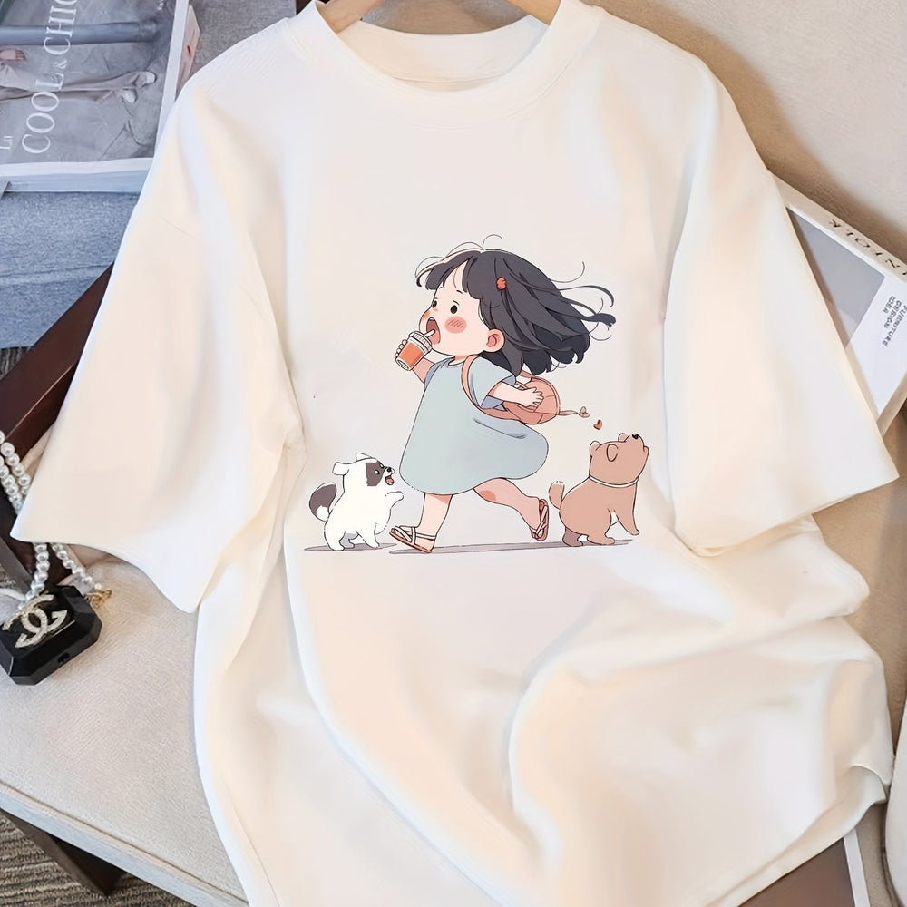 Y2K-Inspired Women'S Short Sleeve T-Shirt with Adorable Cartoon Print - Slim Fit, Crew Neck, Pure Top for Spring/Summer/Fall, Cute T Shirt