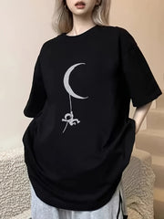 Women's Casual Polyester Crescent Moon & Figure Print T-Shirt – Black Relaxed Fit Tee