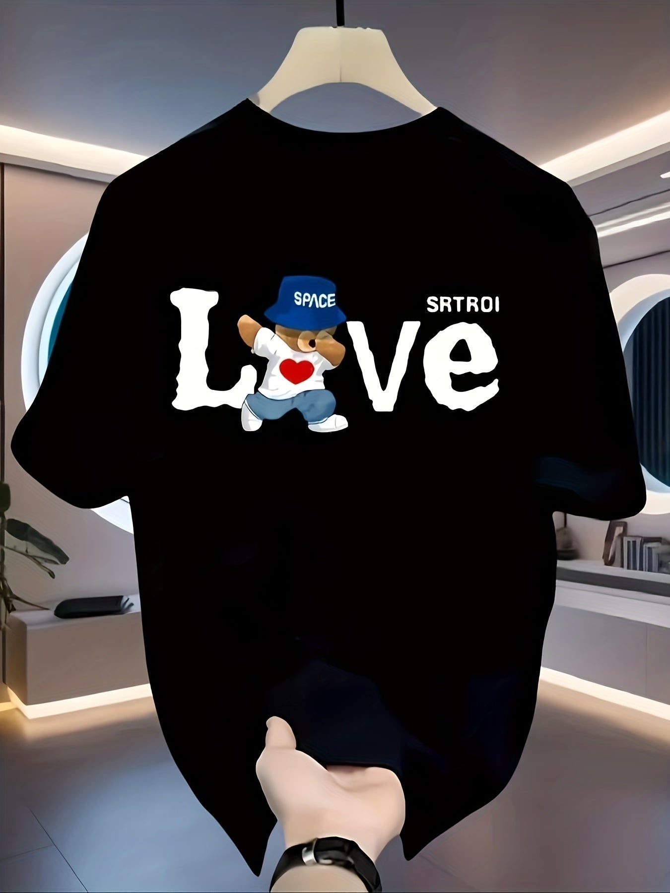 Men's Heavyweight 100% Cotton T-Shirt - Black Retro Streetwear Tee with LOVE Graphic