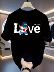 Men's Heavyweight 100% Cotton T-Shirt - Black Retro Streetwear Tee with LOVE Graphic