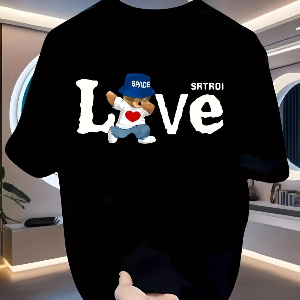 Men's Heavyweight 100% Cotton T-Shirt - Black Retro Streetwear Tee with LOVE Graphic