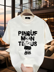 Men's 100% Cotton Graphic Print T-Shirt - Summer Casual Short Sleeve Round Neck Tee with Bold Lettering & Character Design, Regular Fit, Hand Wash Only, Casual Attire, Semitransparent Material